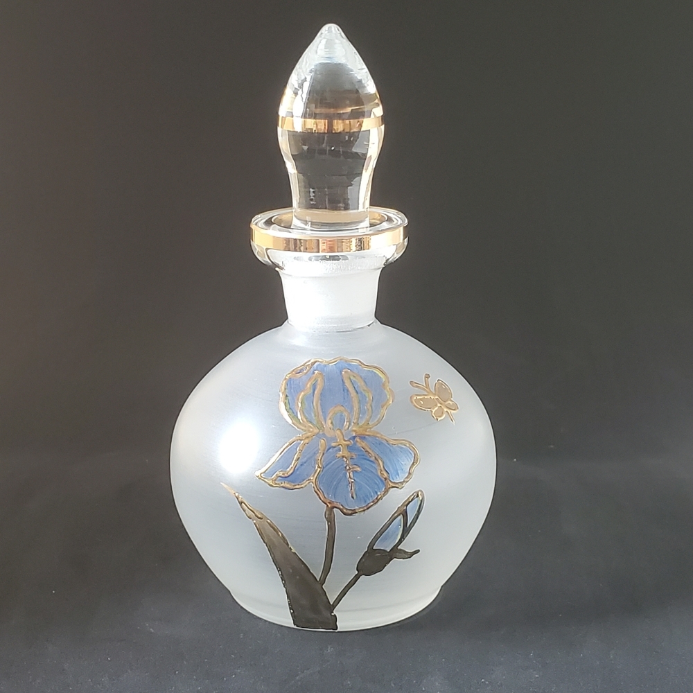 Vintage Hand Painted Frosted Glass Perfume Bottle with Glass Stopper Blue Iris
